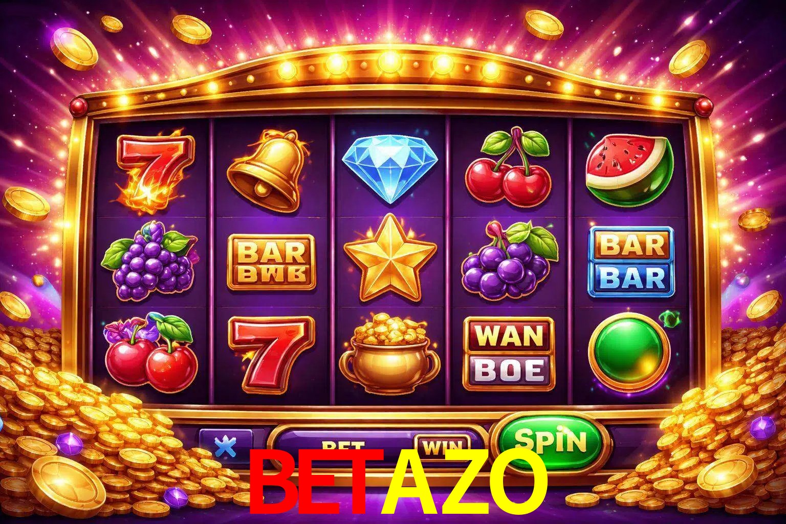 Una interfaz colorida de tragamonedas en línea con símbolos brillantes, monedas y un efecto de victoria celebratoria en BETAZO.