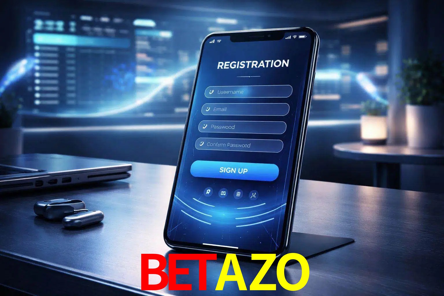 Una interfaz moderna de registro móvil para BETAZO mostrada en un smartphone con un panel de apuestas elegante.